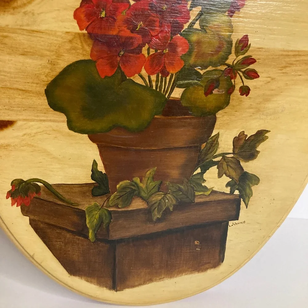 Vintage Hand Painted Oval Wood Wall Art Geranium Flower Butterfly LaVonne Signed